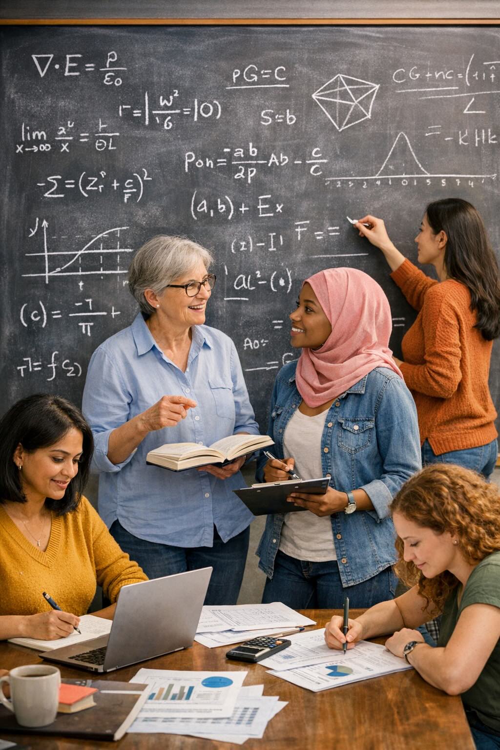 Women working together at a blackboard covered in mathematics